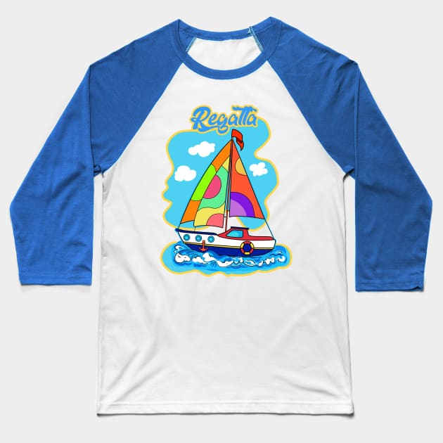 Summer boat kids are a great adventure for sailing with children. Travel in a boat with sails, Beautiful Sea, Sky, blue boat with sail illustration. Baseball T-Shirt by sofiartmedia